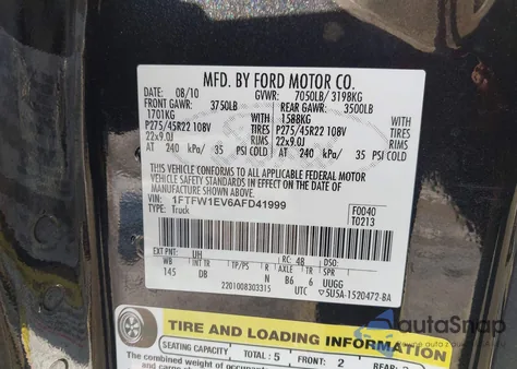 2010 Ford F-150 Fx4/Harley-Davidson/King Ranch/Lariat/Platinum/Xl/Xlt z USA, uszkodzony, nr VIN 1FTFW1EV6AFD41999